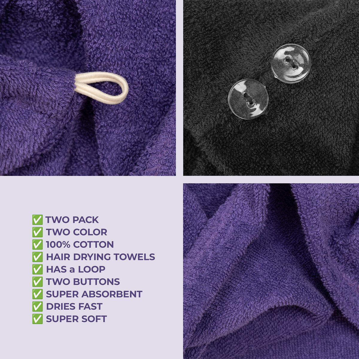 American Soft Linen 100% Cotton Hair Drying Towels for Women, 2 Pack Head Towel Cap - 75 Set Case Pack