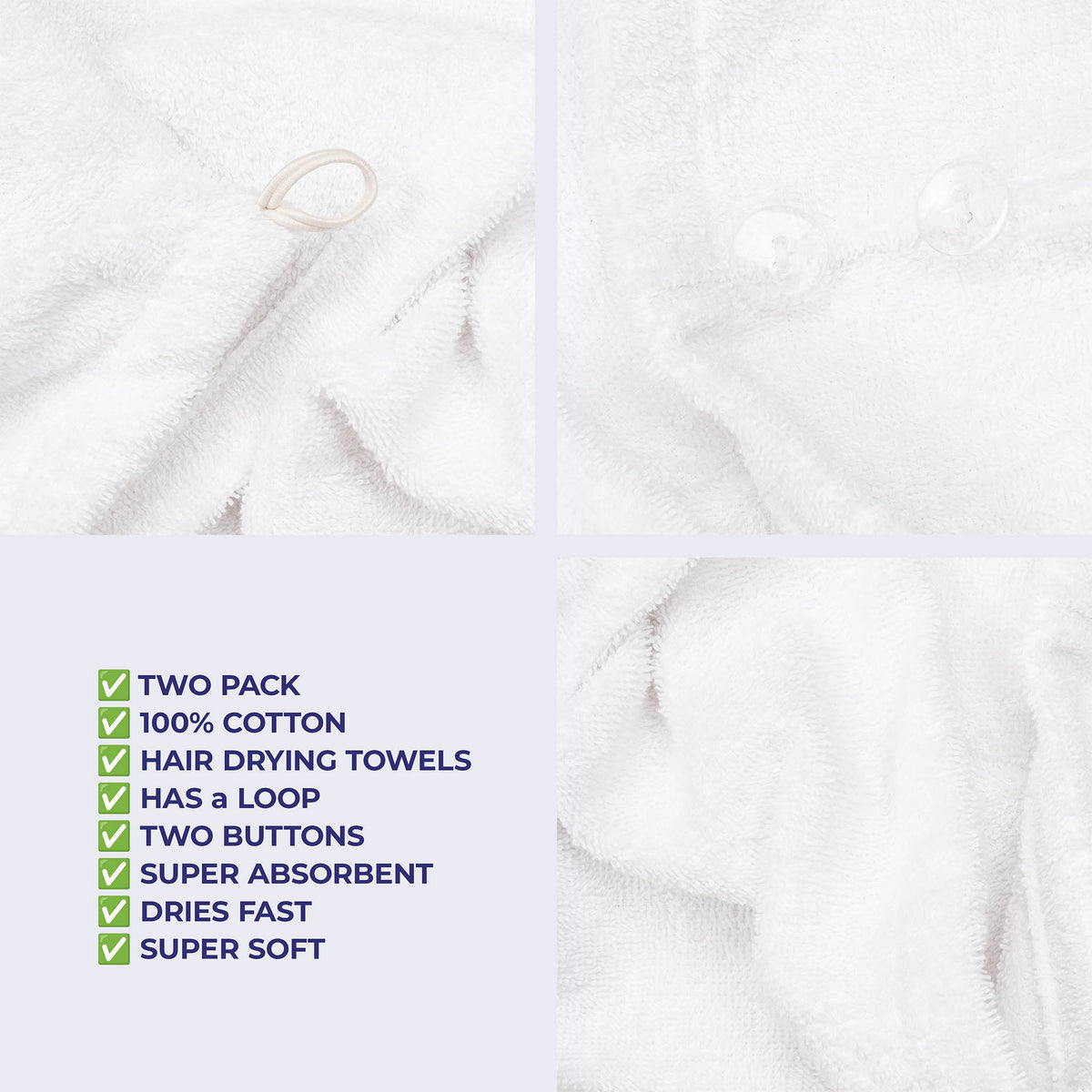American Soft Linen 100% Cotton Hair Drying Towels for Women, 2 Pack Head Towel Cap - 75 Set Case Pack