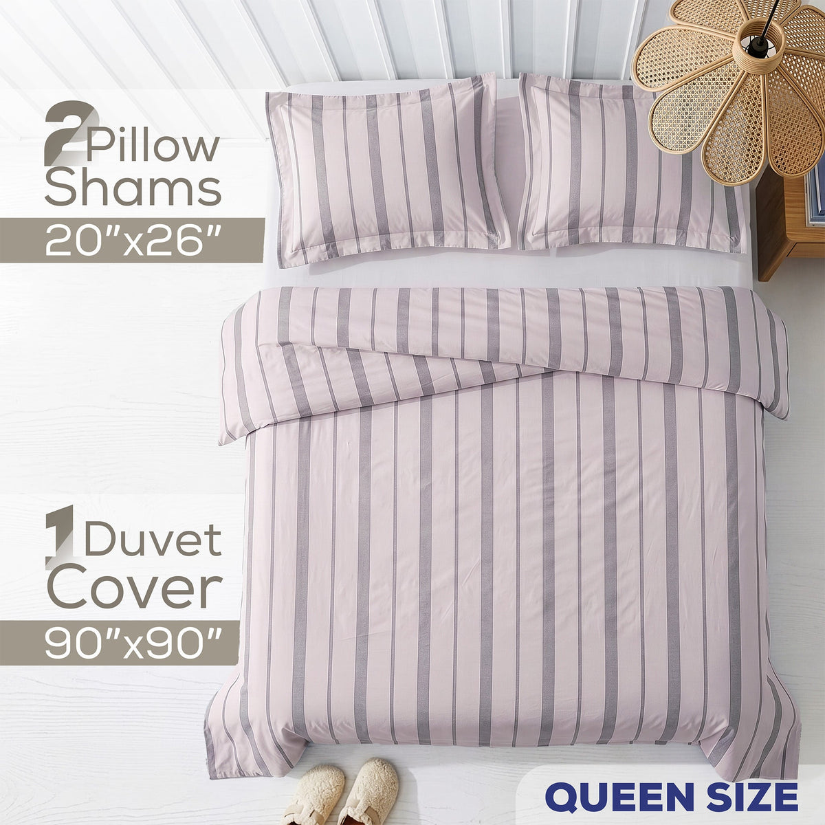 American Soft Linen 100% Washed Cotton Percale Duvet Cover Set – 200TC Yarn-Dyed Striped Bedding with 2 Pillow Shams