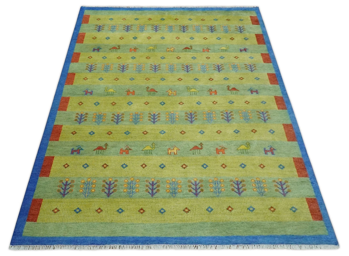 Animal and Tree Life Green, Blue and Rust Hand knotted Traditional 8x10 Wool Area Rug