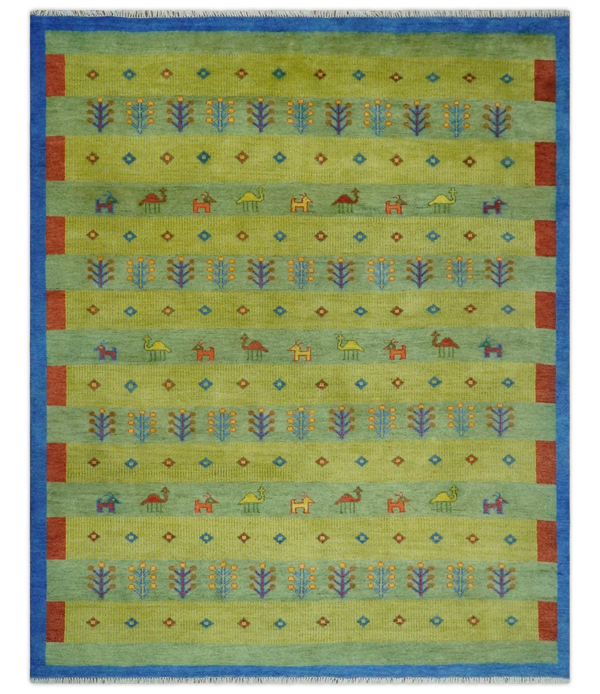 Animal and Tree Life Green, Blue and Rust Hand knotted Traditional 8x10 Wool Area Rug