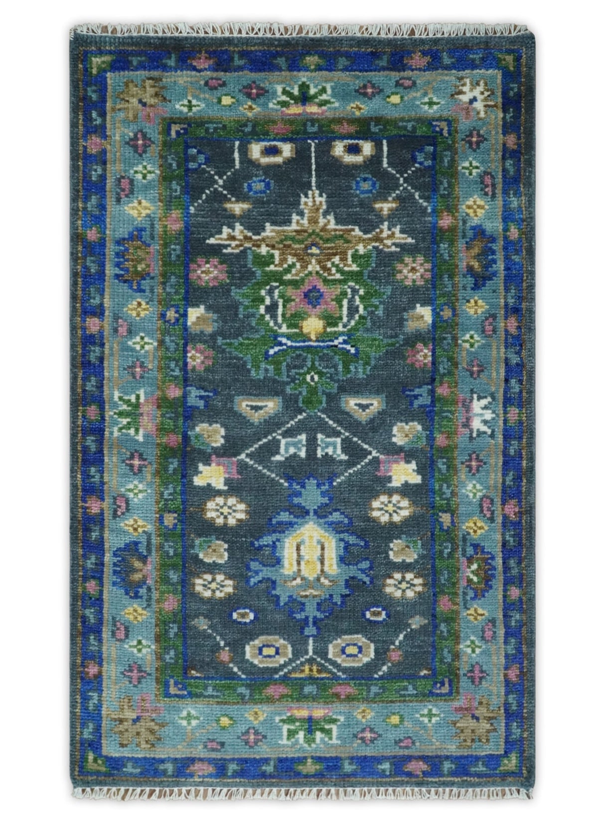 Antique Design Hand Knotted Green Moss and Blue Turkish Oushak Custom Made Wool Area Rug