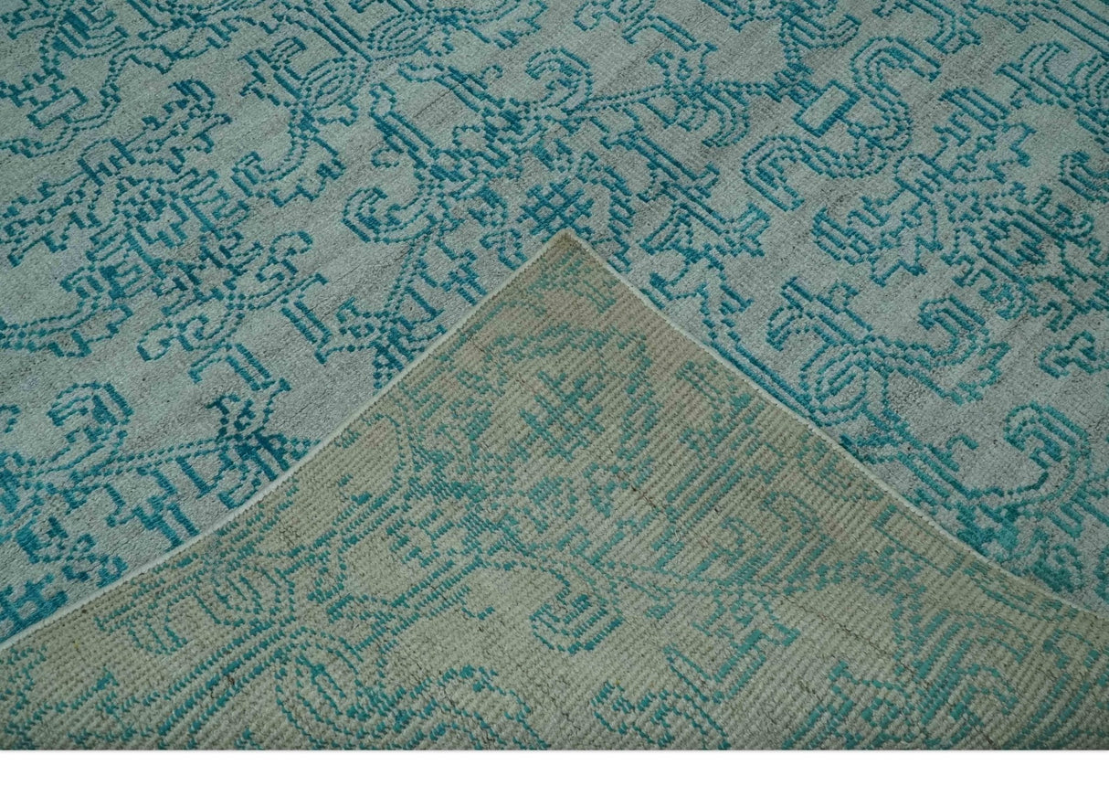 Antique design 6.5x10 Silver and Blue Traditional Hand Knotted wool Area Rug