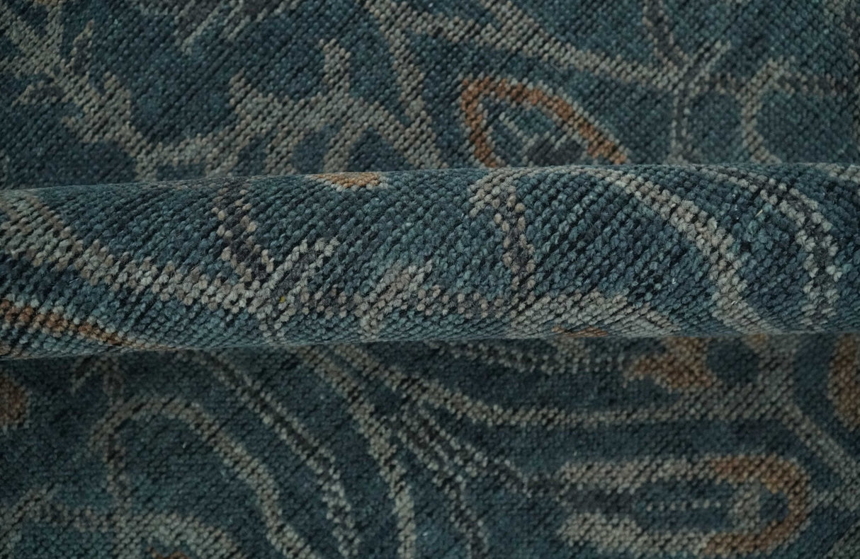 Antique Design Teal, Silver and Dark Peach Hand Knotted Traditional Design 8x10 wool Area rug
