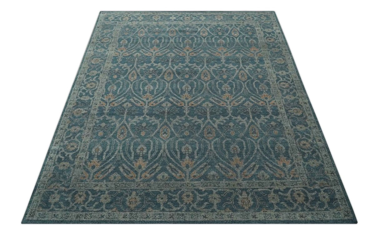 Antique Design Teal, Silver and Dark Peach Hand Knotted Traditional Design 8x10 wool Area rug