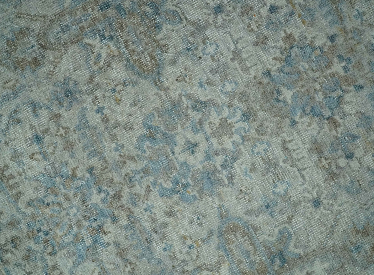 Antique Distress finish Silver, Teal and Brown Hand Knotted Traditional 8x10 wool Rug