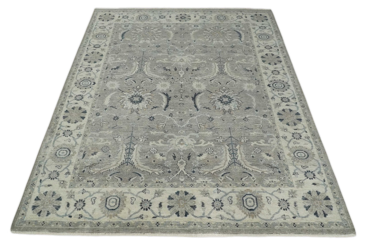 Custom Made Traditional Antique Distressed Gray and Beige Hand Knotted Wool Area Rug