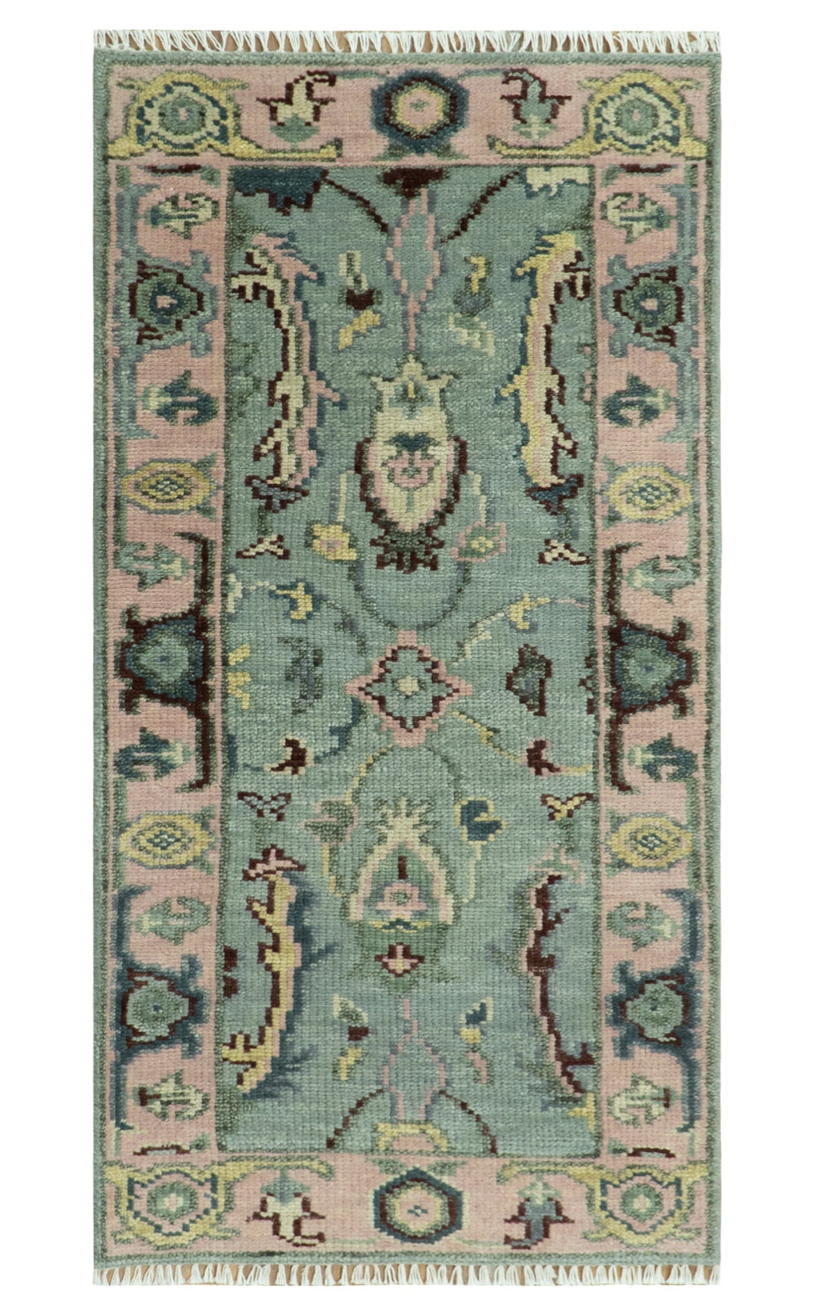 Custom Made Runner Seafoam And Peach Oushak Hand Knotted Wool Rug