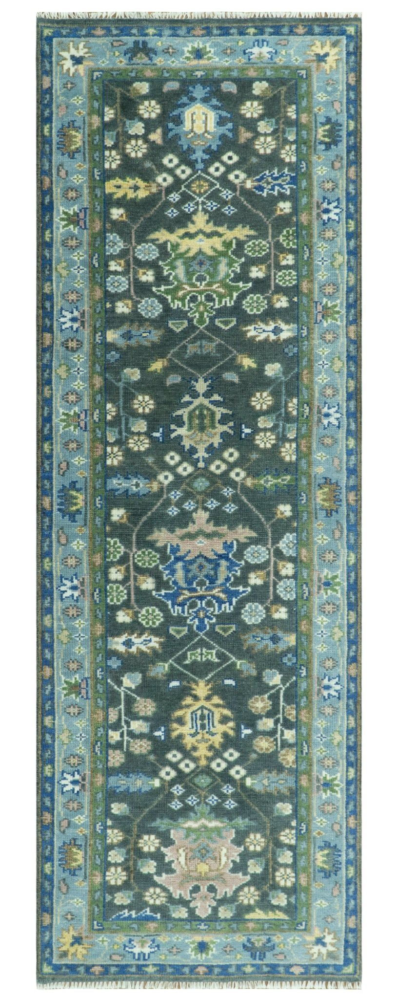 Antique Design Hand Knotted Green Moss and Blue Turkish Oushak Custom Made Wool Area Rug