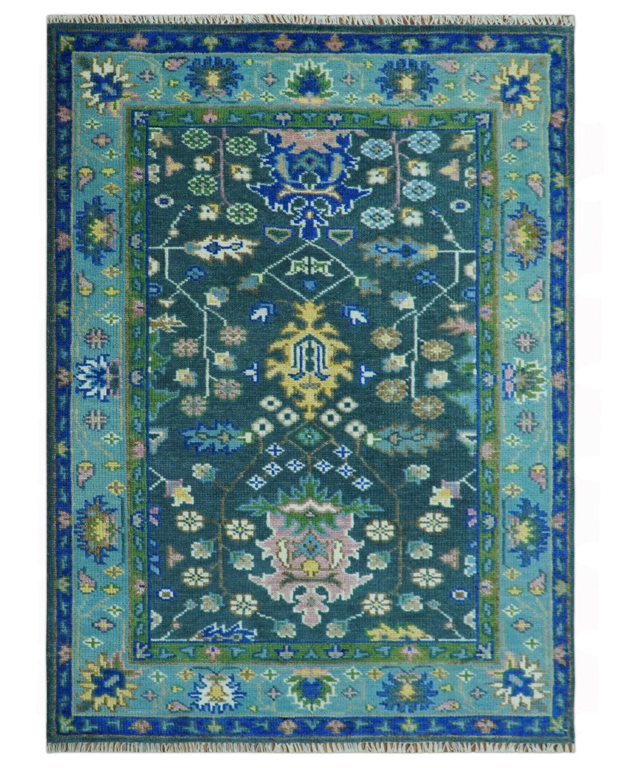 Antique Design Hand Knotted Green Moss and Blue Turkish Oushak Custom Made Wool Area Rug