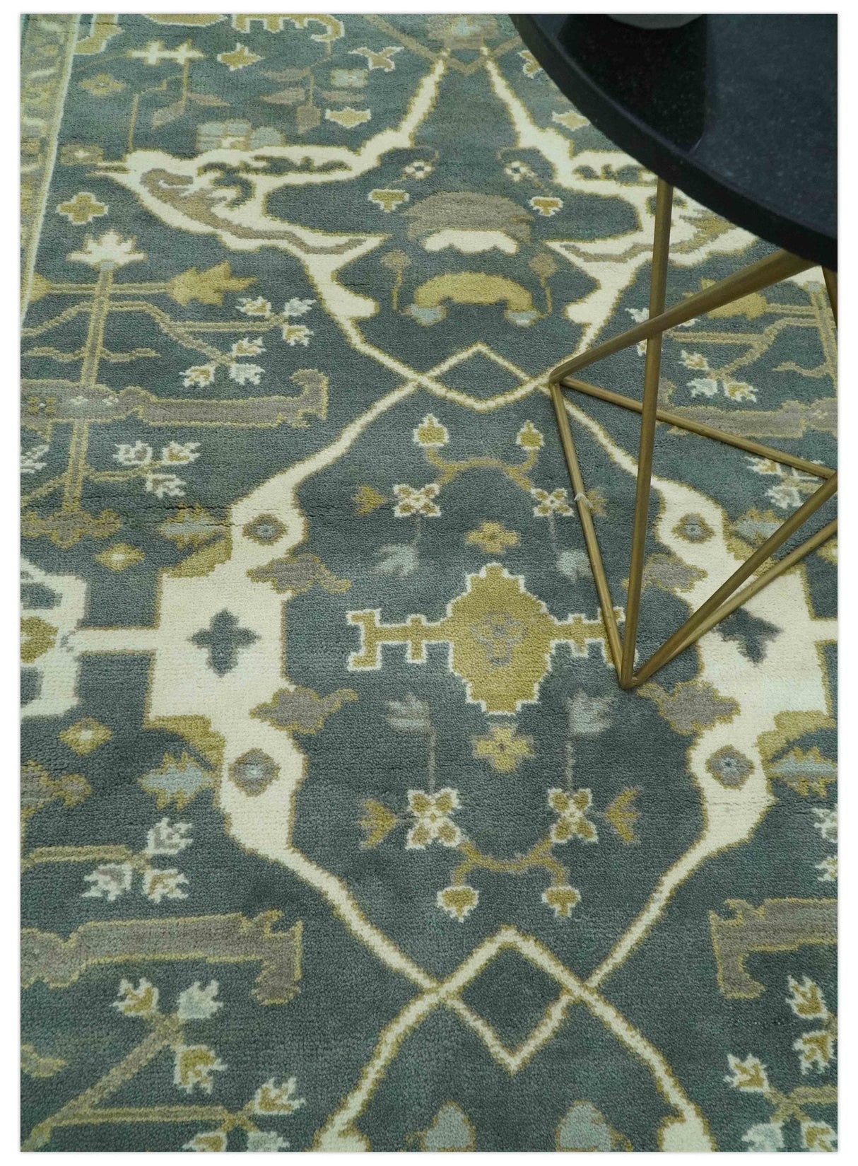 Antique look Charcoal, Ivory and Olive 6x9 Hand Knotted Traditional Oriental Oushak wool rug