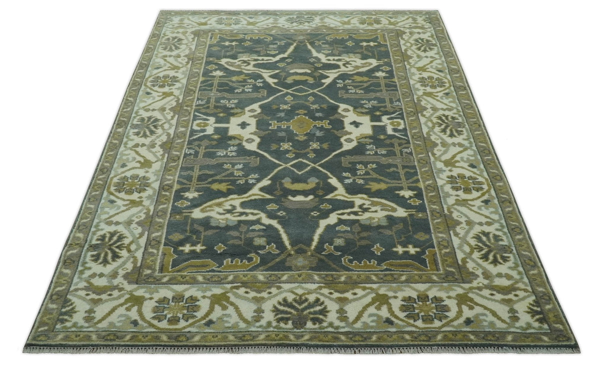 Antique look Charcoal, Ivory and Olive 6x9 Hand Knotted Traditional Oriental Oushak wool rug