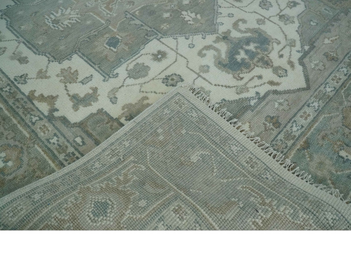 Antique look Gray, Ivory and Silver Hand knotted Traditional Heriz Medallion 8x10 wool Area Rug