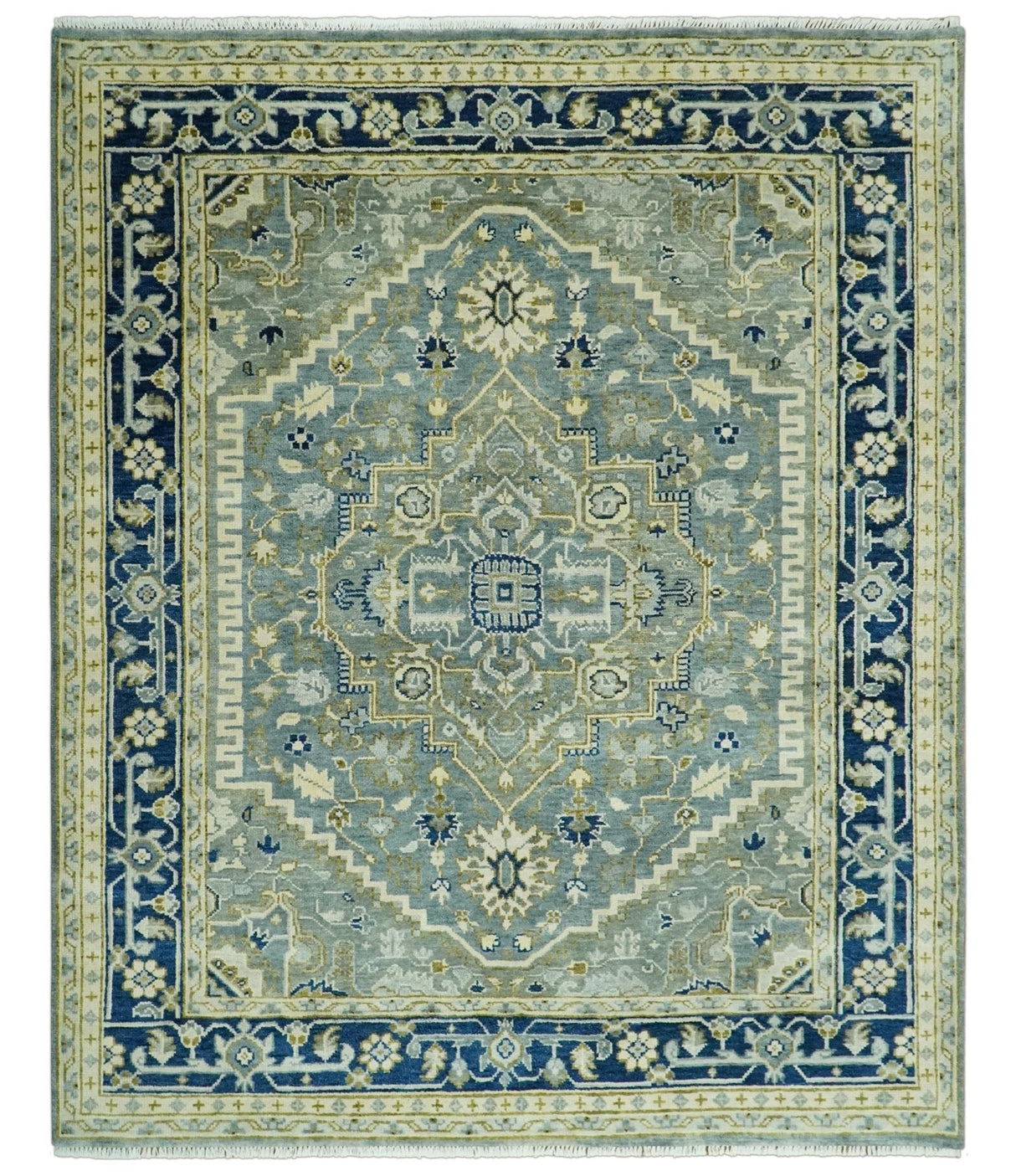 Antique look Gray, Olive and Blue 8x10 Traditional Heriz Hand Knotted wool Rug