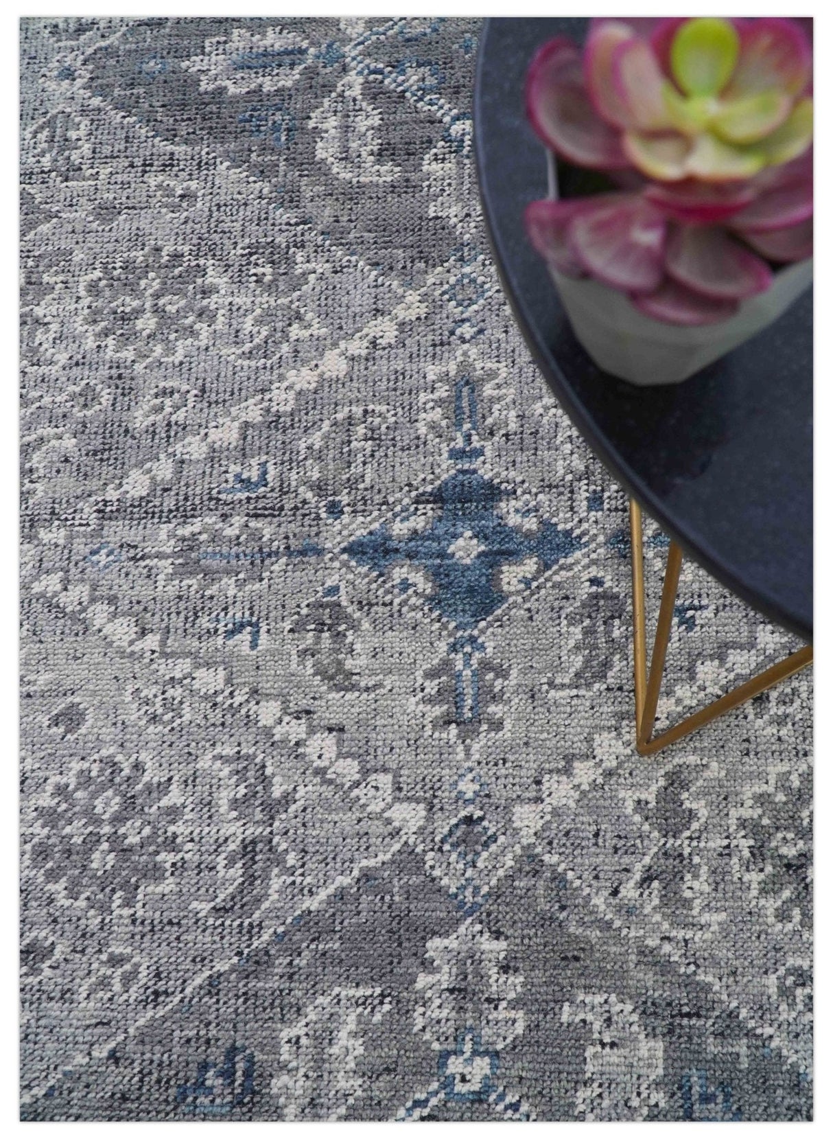 Antique Look Hand Knotted 8x10 Traditional Gray And Blue Wool Area Rug