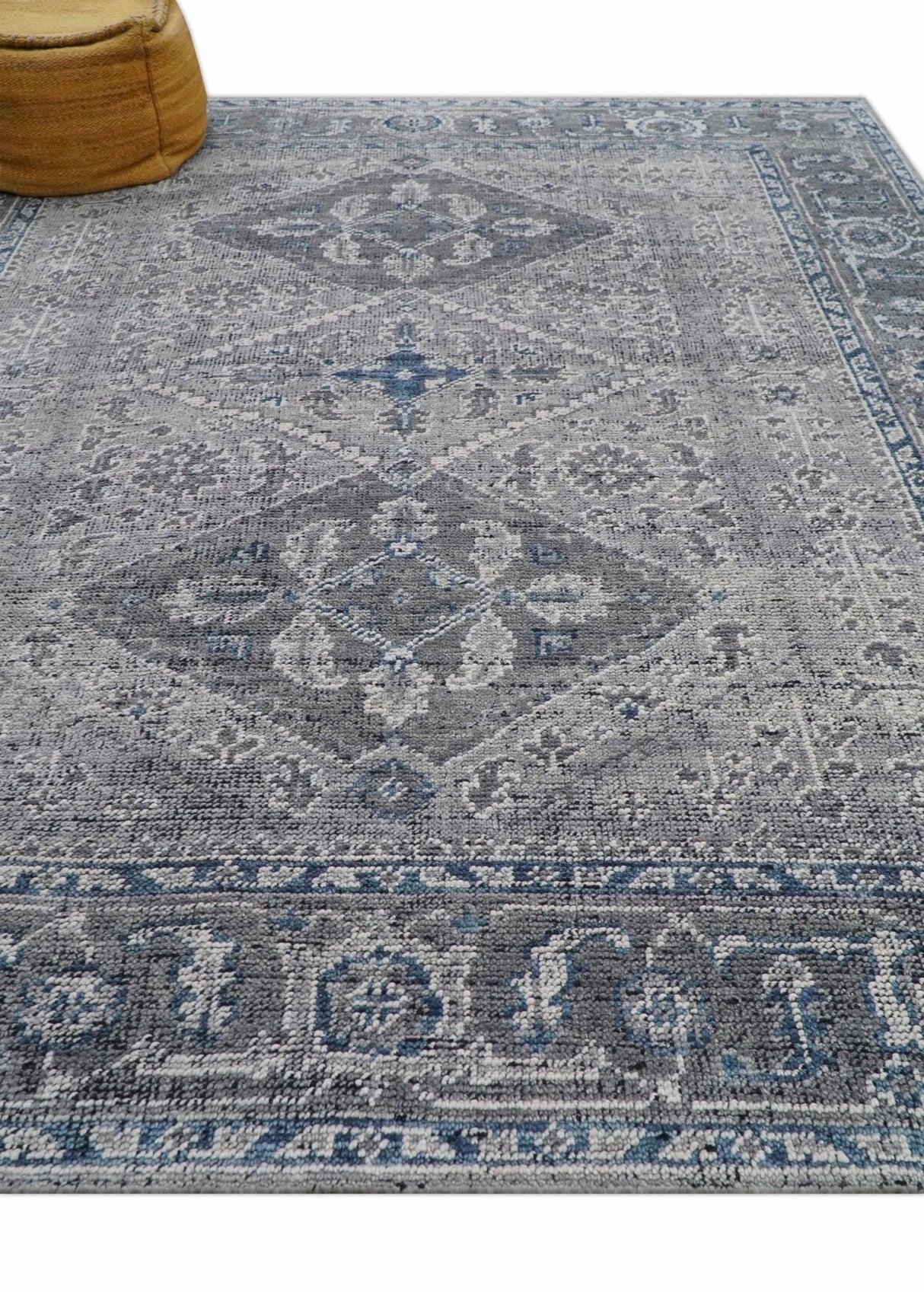 Antique Look Hand Knotted 8x10 Traditional Gray And Blue Wool Area Rug