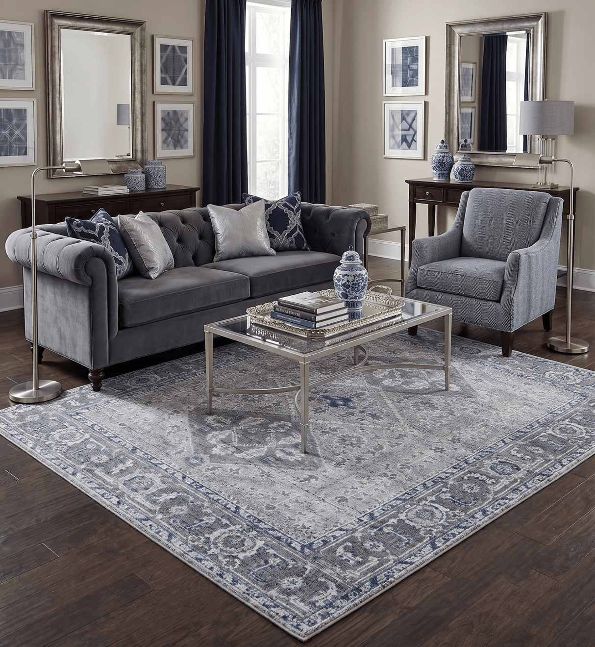 Antique Look Hand Knotted 8x10 Traditional Gray And Blue Wool Area Rug