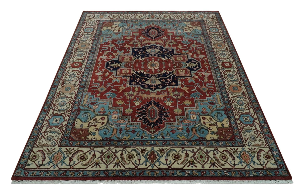 Antique look Rust, Aqua and Ivory Traditional Heriz 9x12 Hand Knotted wool area rug