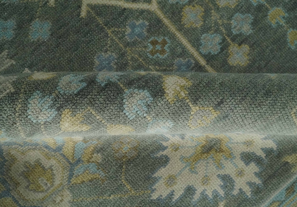 Antique Moss Charcoal Hand Knotted Olive and Beige Traditional Floral Vintage Wool Rug