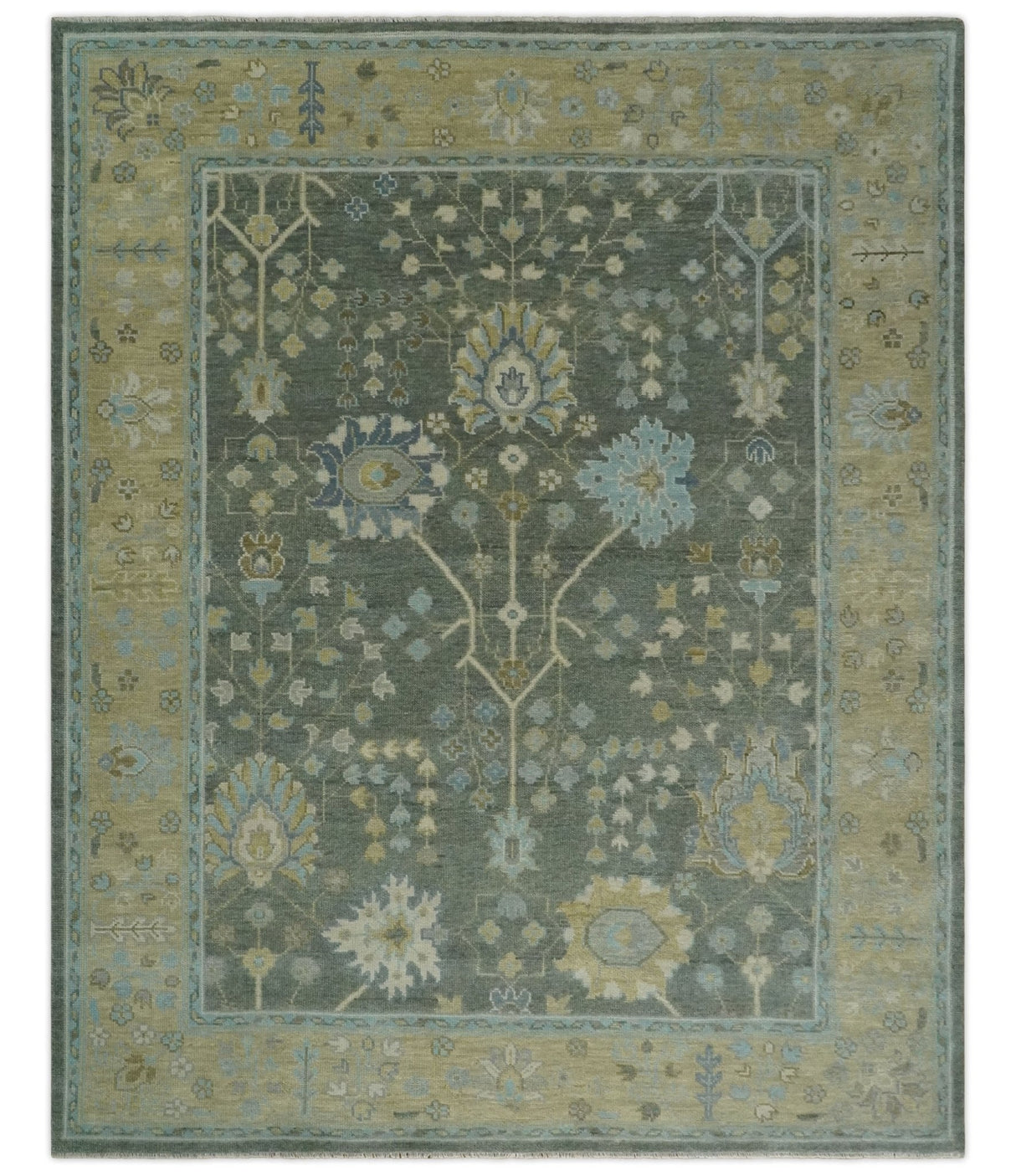 Antique Moss Charcoal Hand Knotted Olive and Beige Traditional Floral Vintage Wool Rug