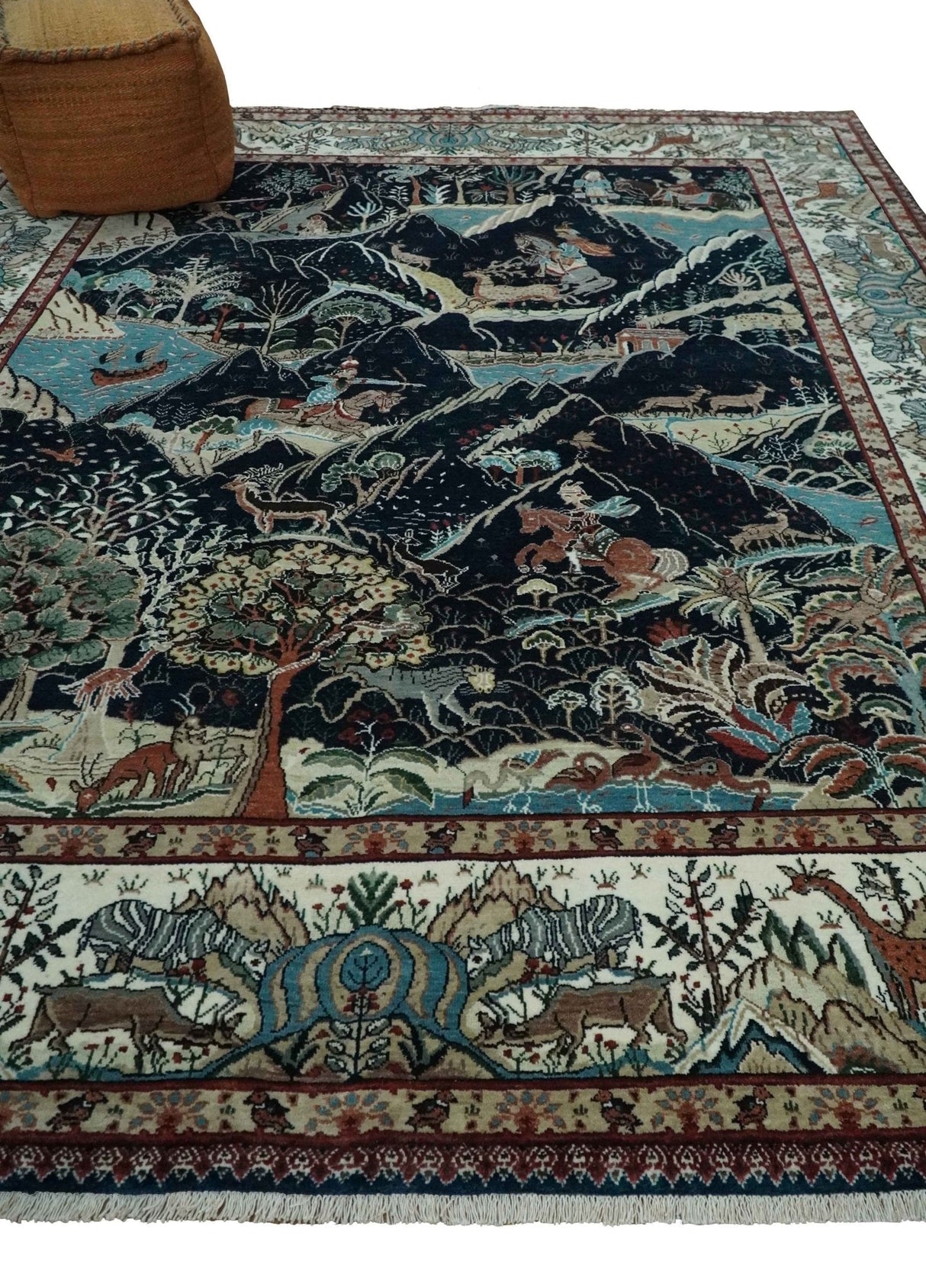 Animal Hunting Rug 8x10 and 9.3x12.4 Wool Black, Rust and Ivory Hand knotted Area Rug, Old style Rug