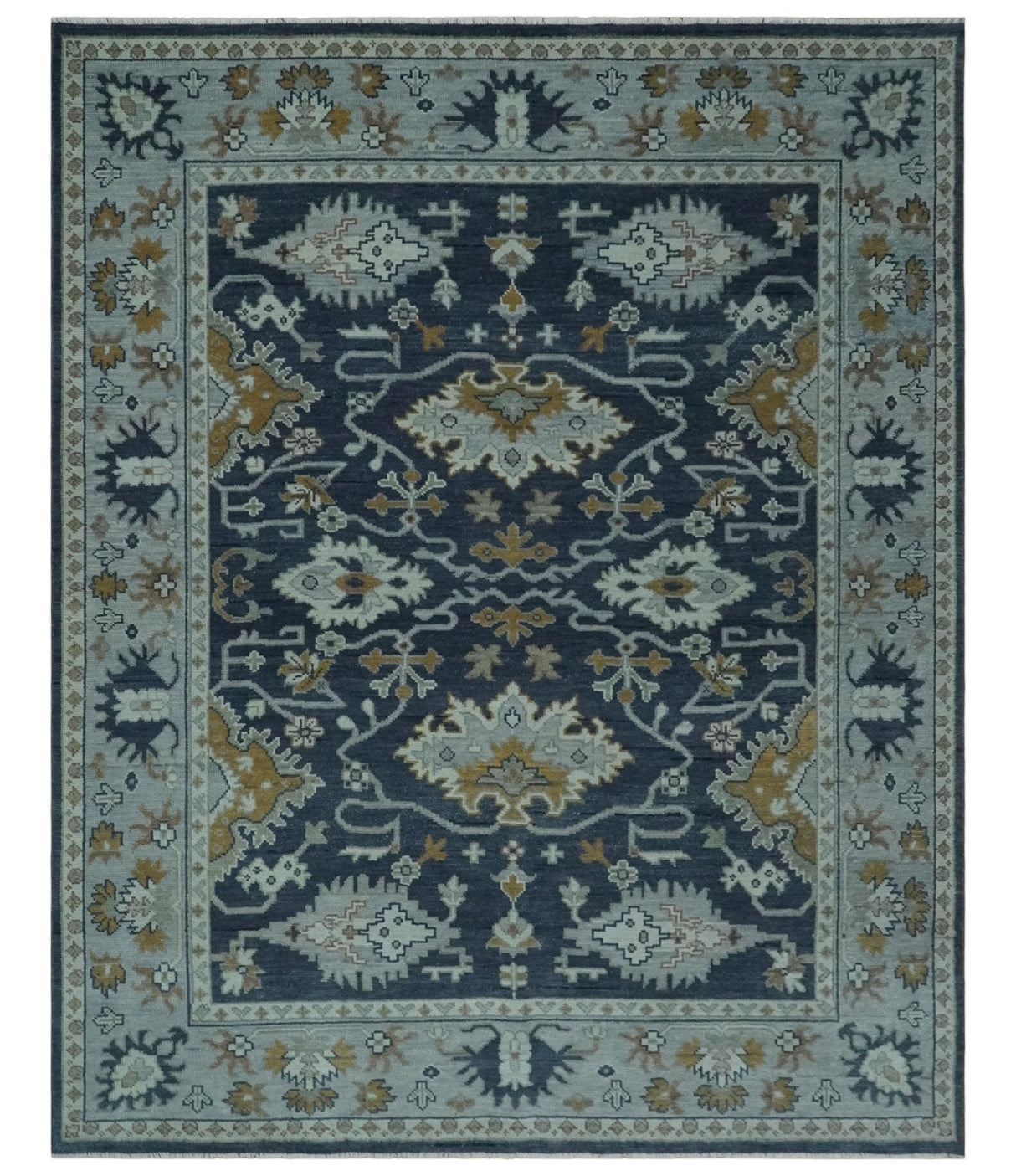 Antique style Blue and Silver Traditional Multi Size Hand Knotted Oushak Wool Rug