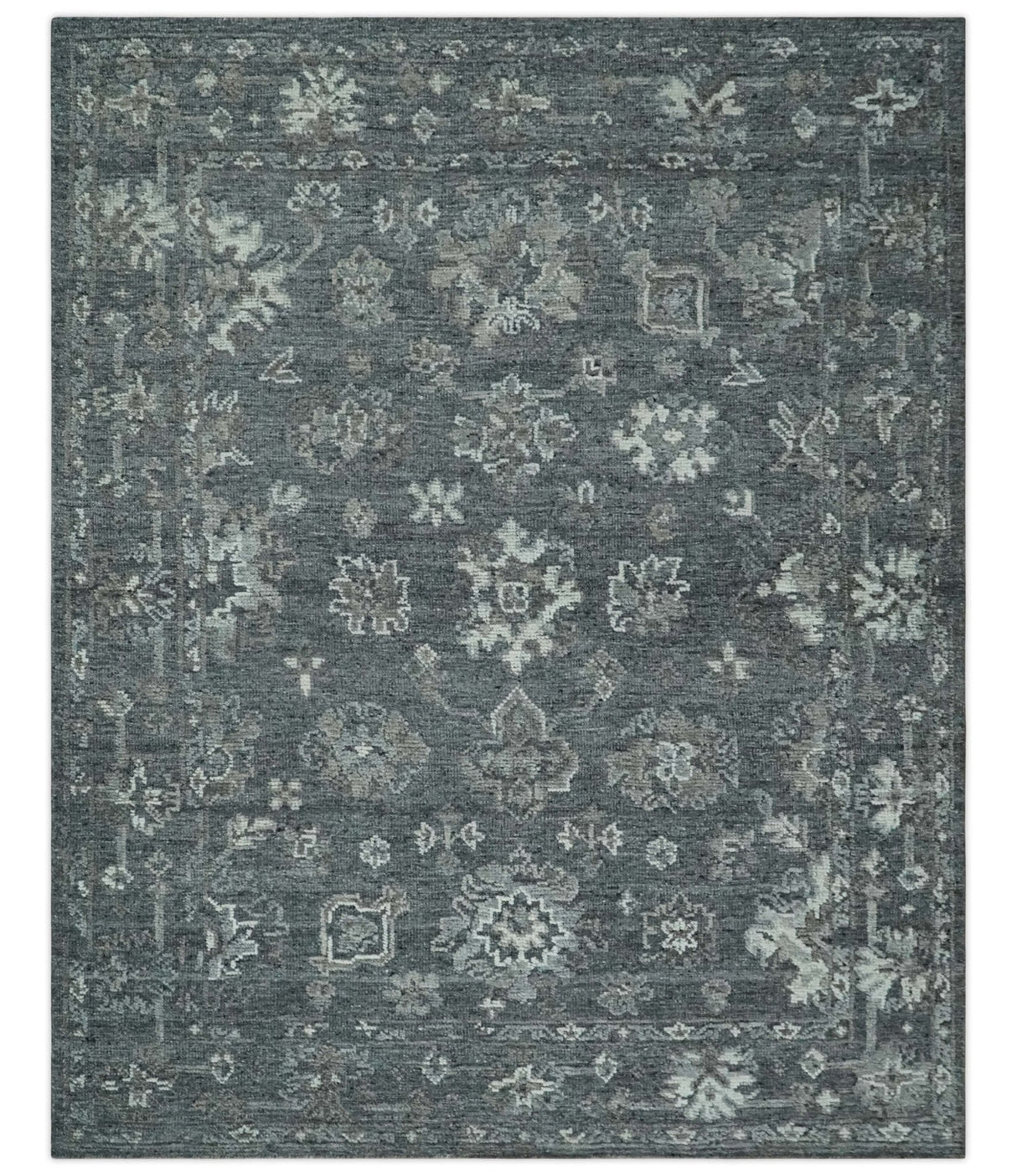 Antique Style Charcoal and Ivory 8x10 hand knotted Oushak wool Area rug