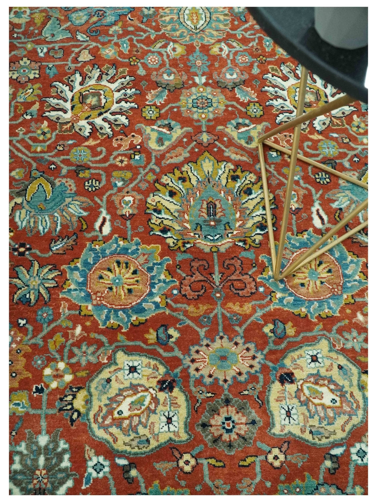 Antique Style Fine Rust, Blue and Aqua 8x10 Hand Knotted Traditional Serapi wool rug