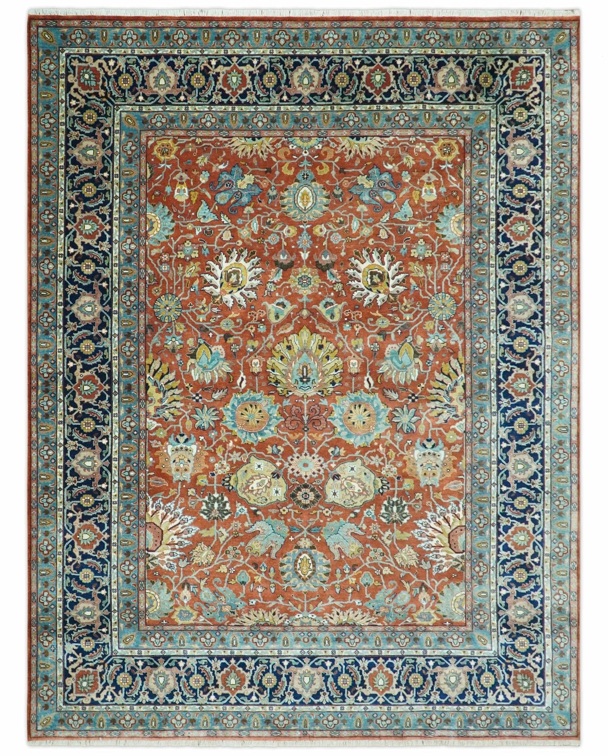 Antique Style Fine Rust, Blue and Aqua 8x10 Hand Knotted Traditional Serapi wool rug