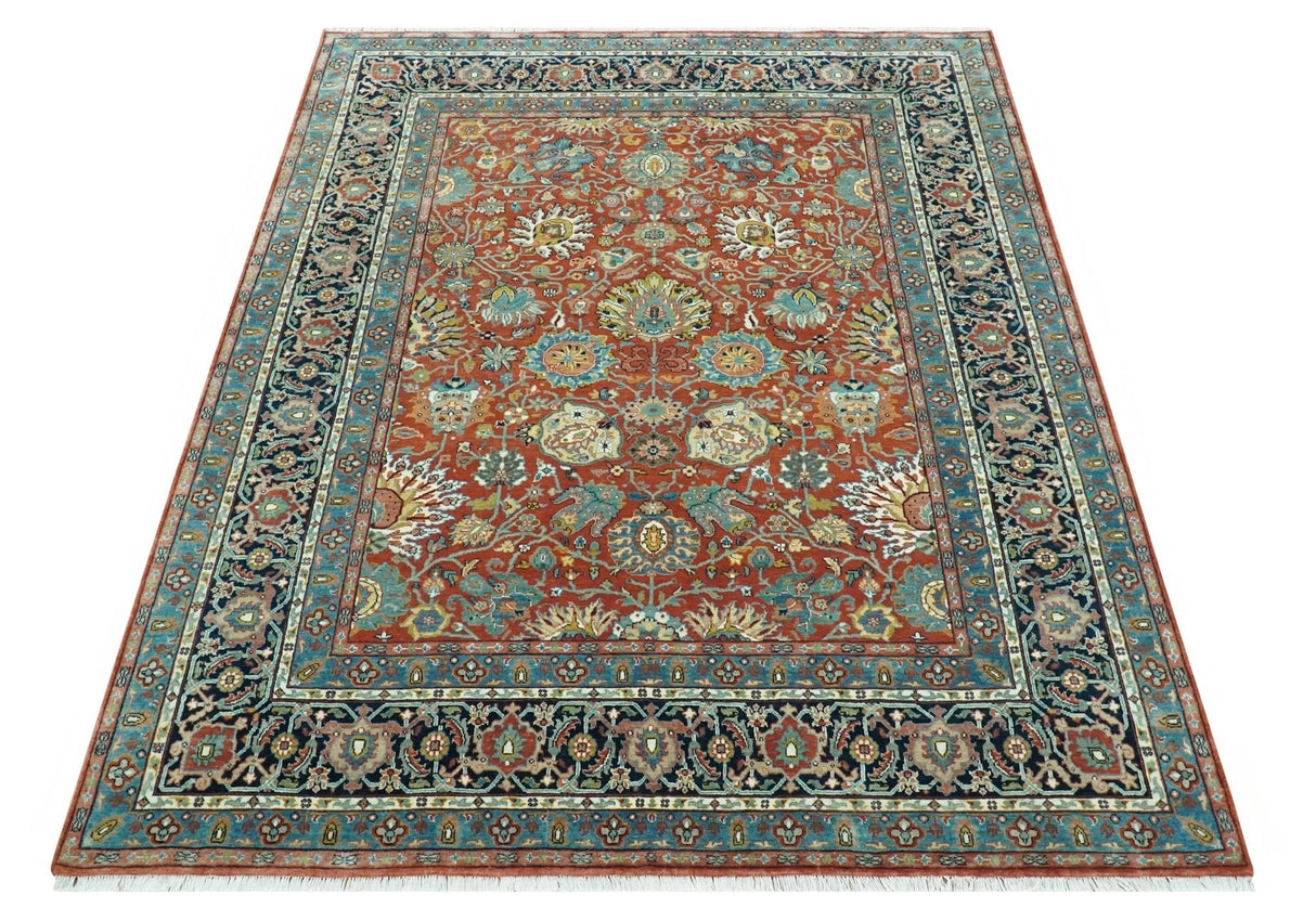 Antique Style Fine Rust, Blue and Aqua 8x10 Hand Knotted Traditional Serapi wool rug