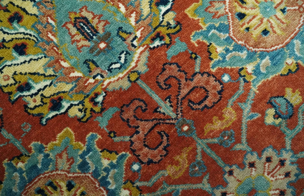 Antique Style Fine Rust, Blue and Aqua 8x10 Hand Knotted Traditional Serapi wool rug