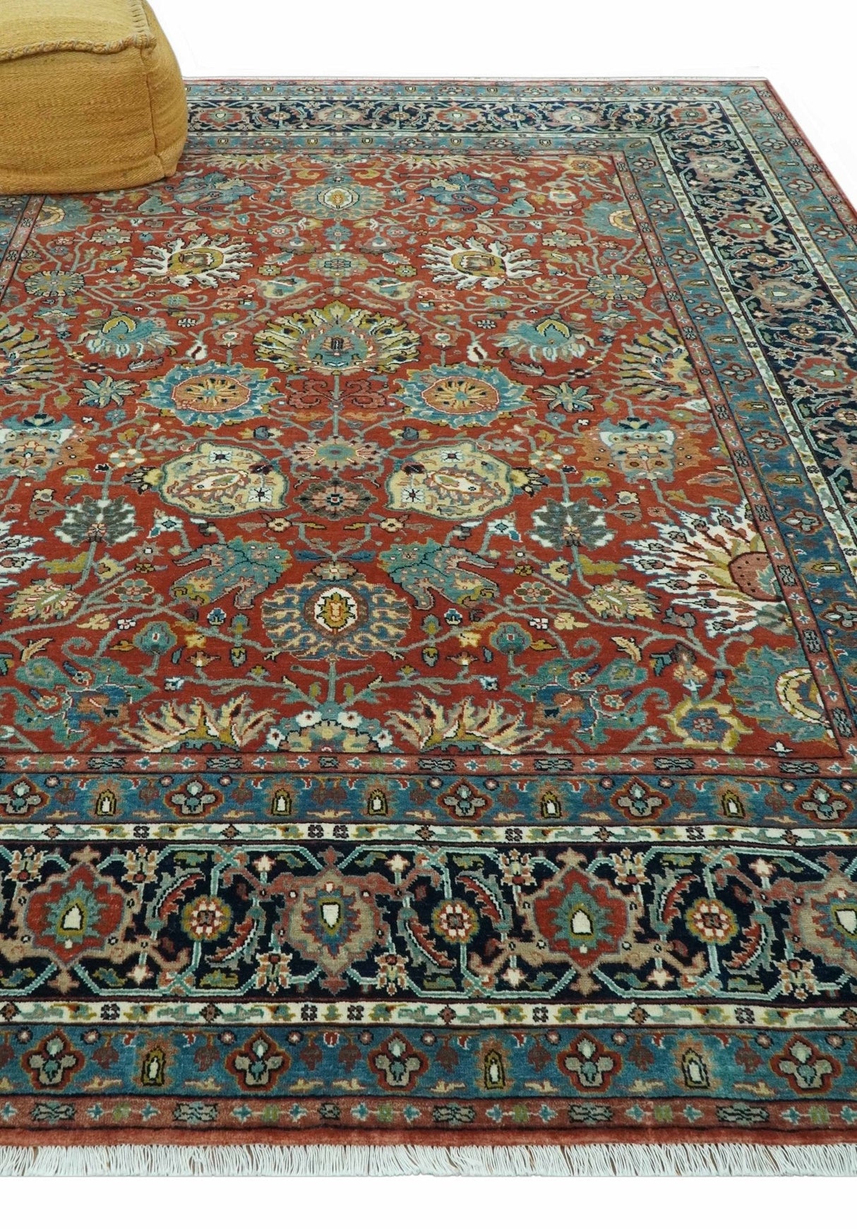 Antique Style Fine Rust, Blue and Aqua 8x10 Hand Knotted Traditional Serapi wool rug