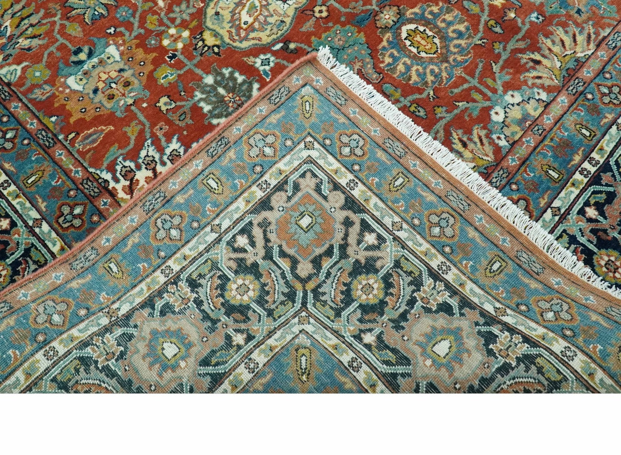 Antique Style Fine Rust, Blue and Aqua 8x10 Hand Knotted Traditional Serapi wool rug