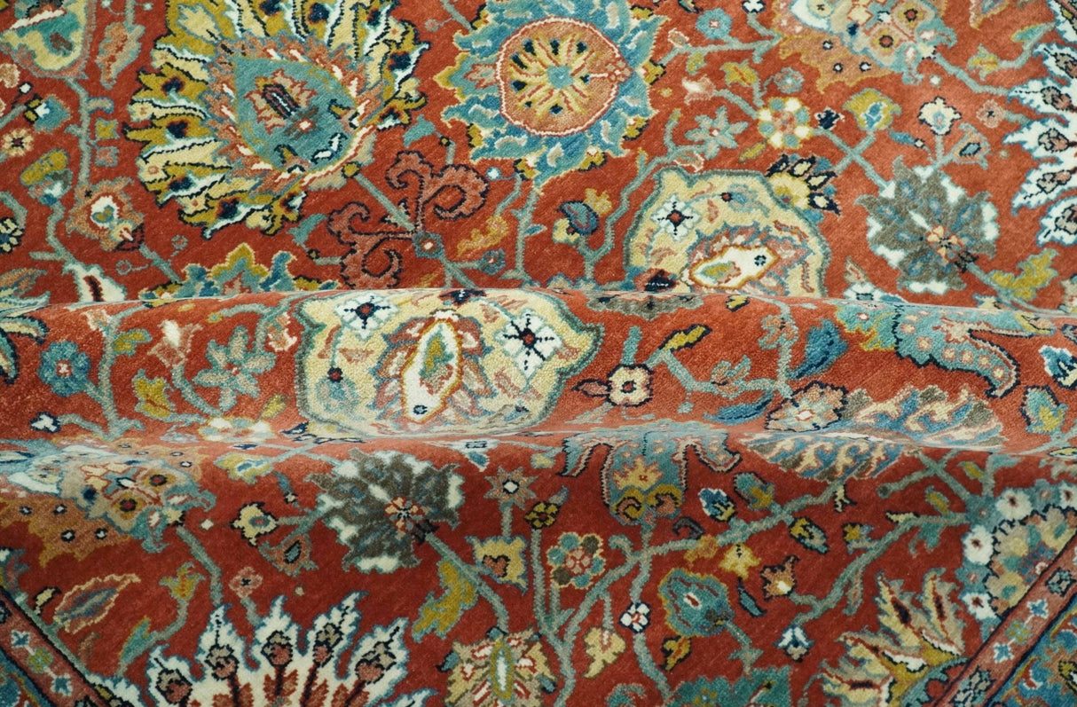 Antique Style Fine Rust, Blue and Aqua 8x10 Hand Knotted Traditional Serapi wool rug