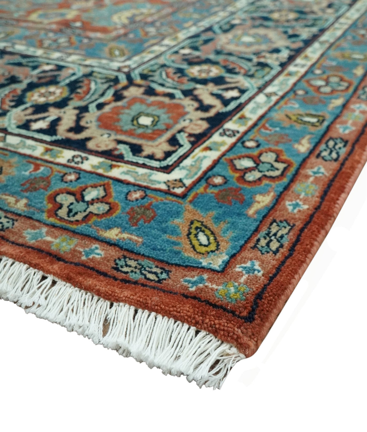 Antique Style Fine Rust, Blue and Aqua 8x10 Hand Knotted Traditional Serapi wool rug