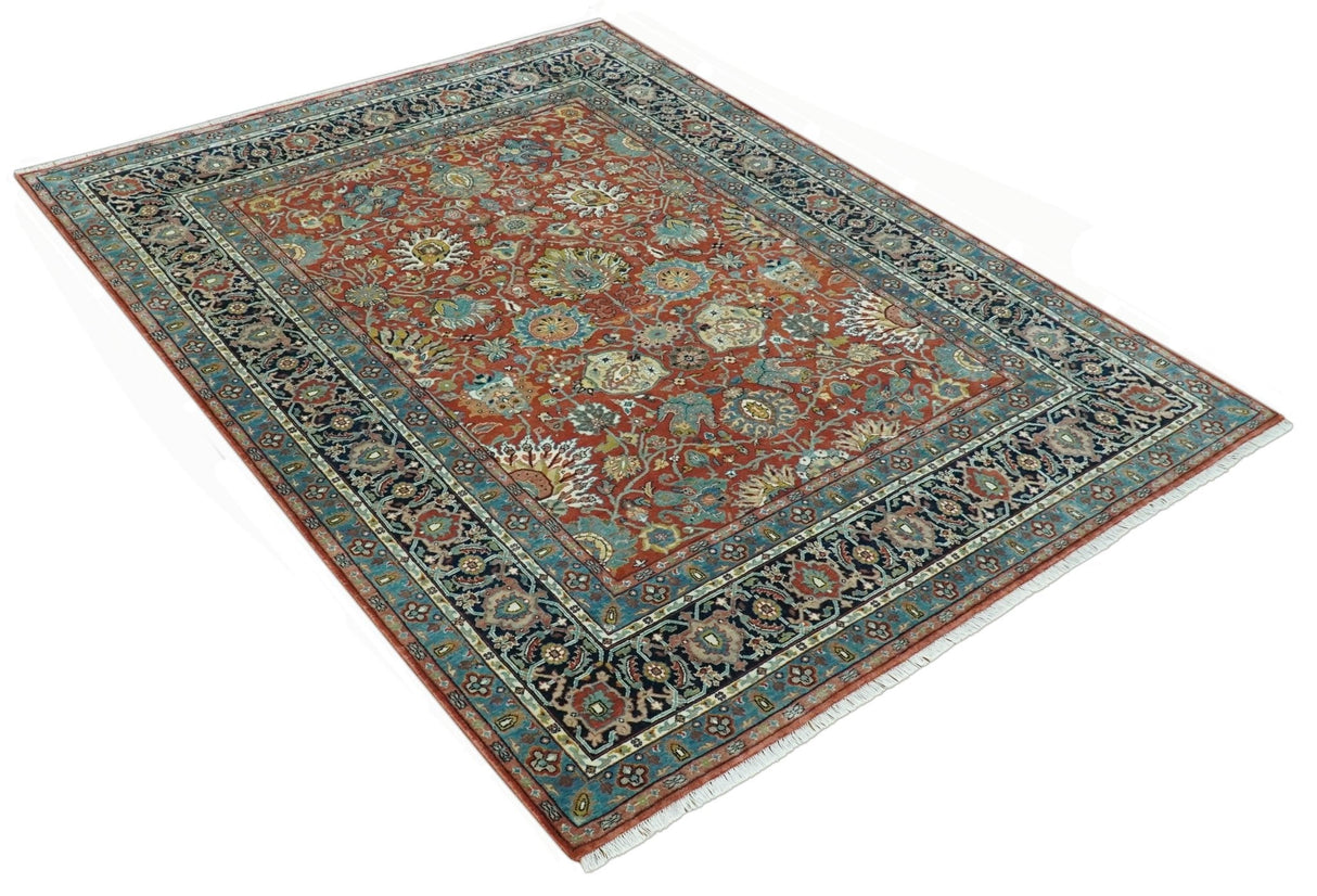 Antique Style Fine Rust, Blue and Aqua 8x10 Hand Knotted Traditional Serapi wool rug