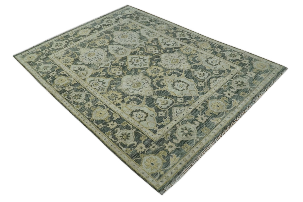 Antique style Gray, Ivory and Olive Hand knotted Traditional Oushak wool Area Rug