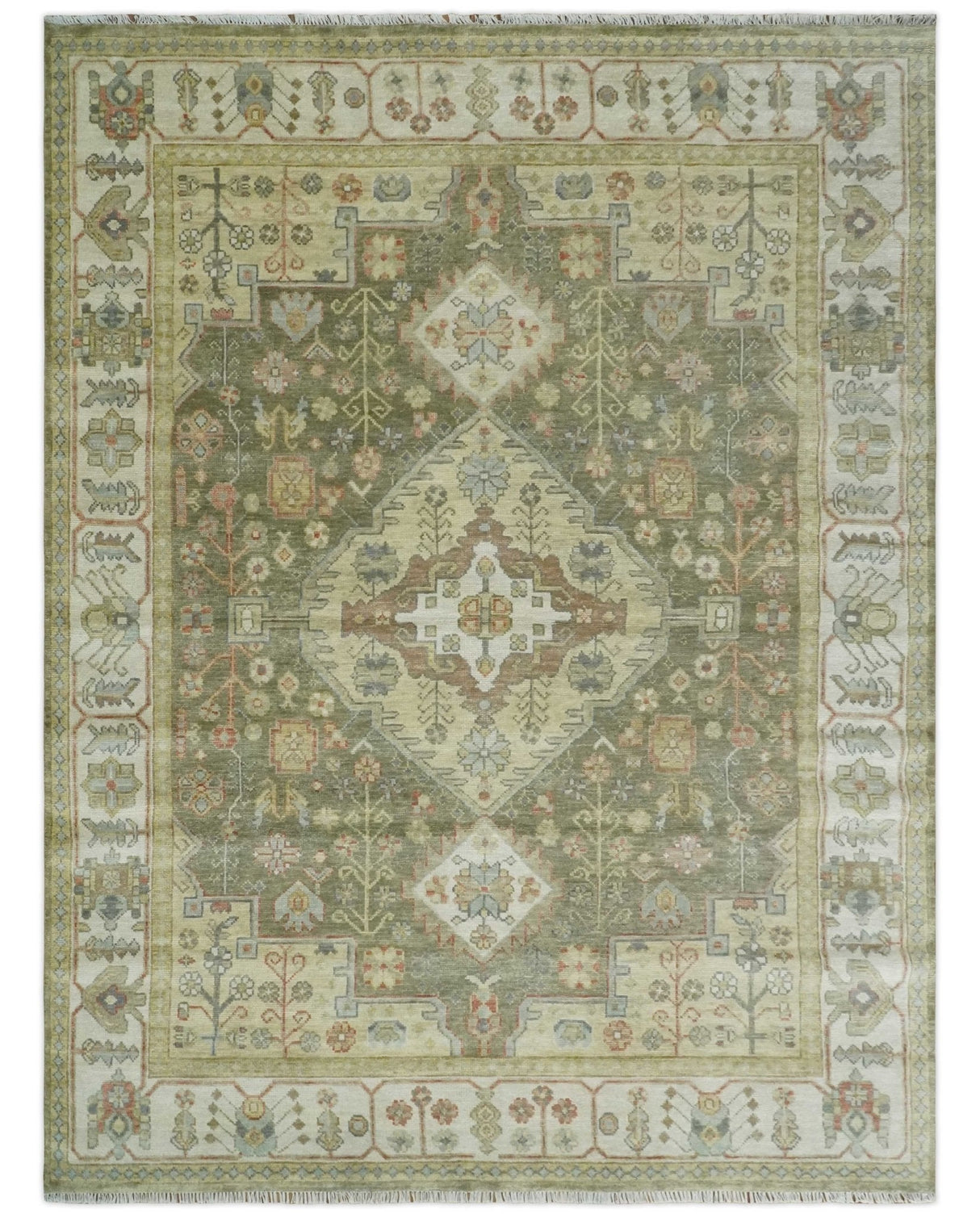 Antique Style Green, Ivory and Beige Hand knotted 9x12 wool Area Rug