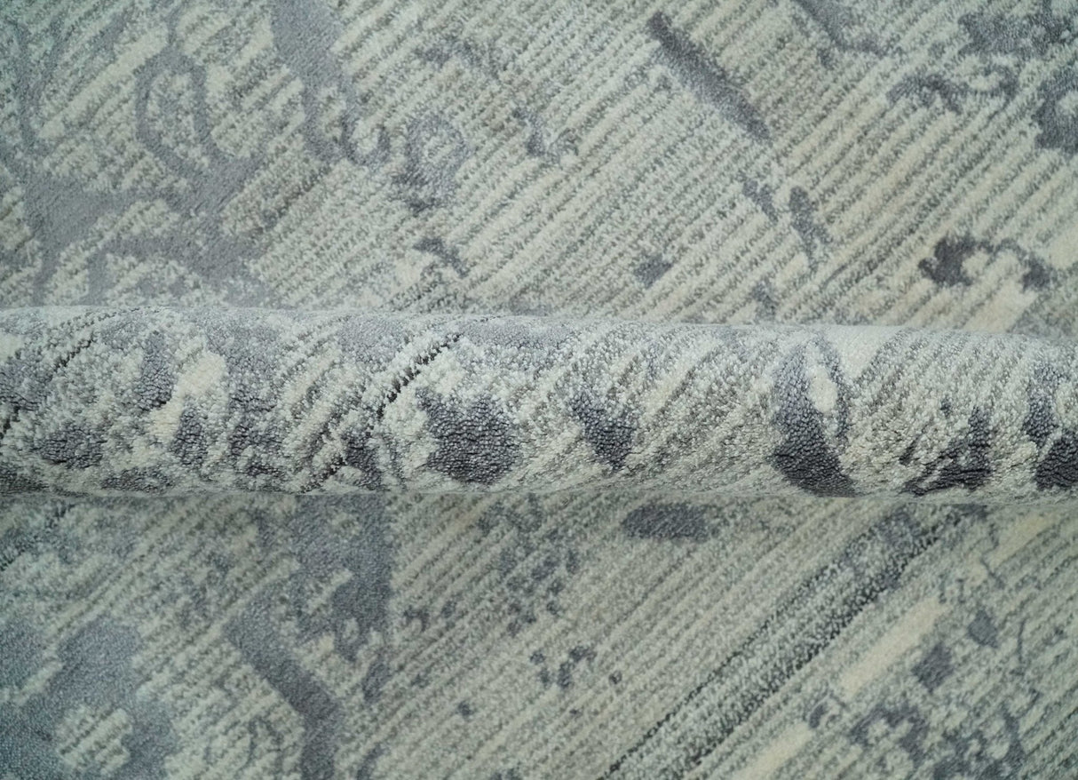 Antique Style transitional 8x11 Beige and Charcoal hand knotted Wool and art silk Area Rug
