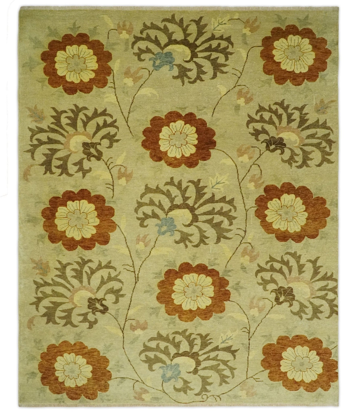 Antique Modern Floral Olive and Rust Hand Knotted Wool Rug