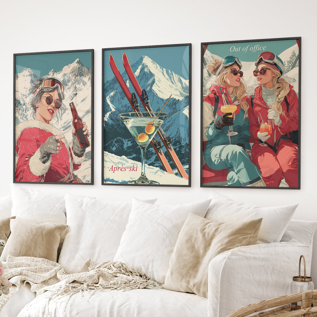 Winter Après Ski Scene Wall Art. Retro Alpine Print Set of 3