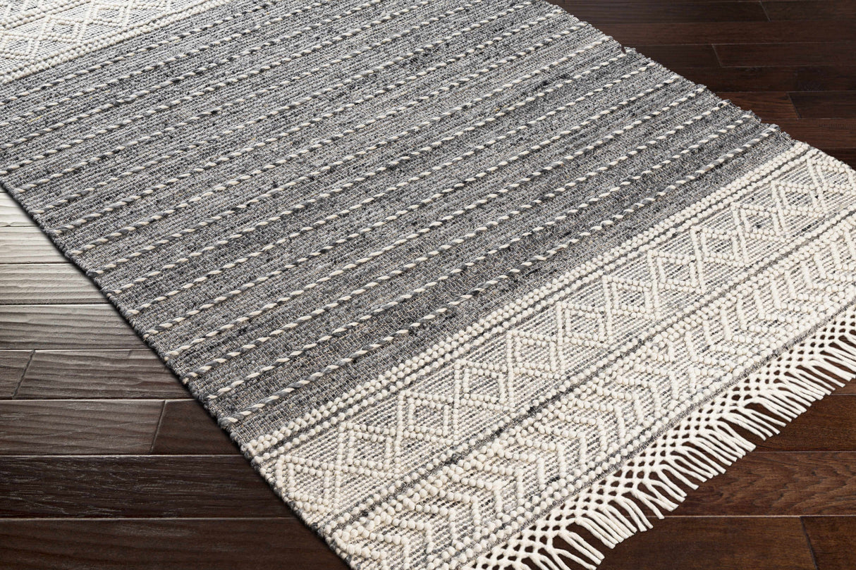 Charcoal Cream Arguvan Wool Blend Braided Tassel Area Rug - Clearance