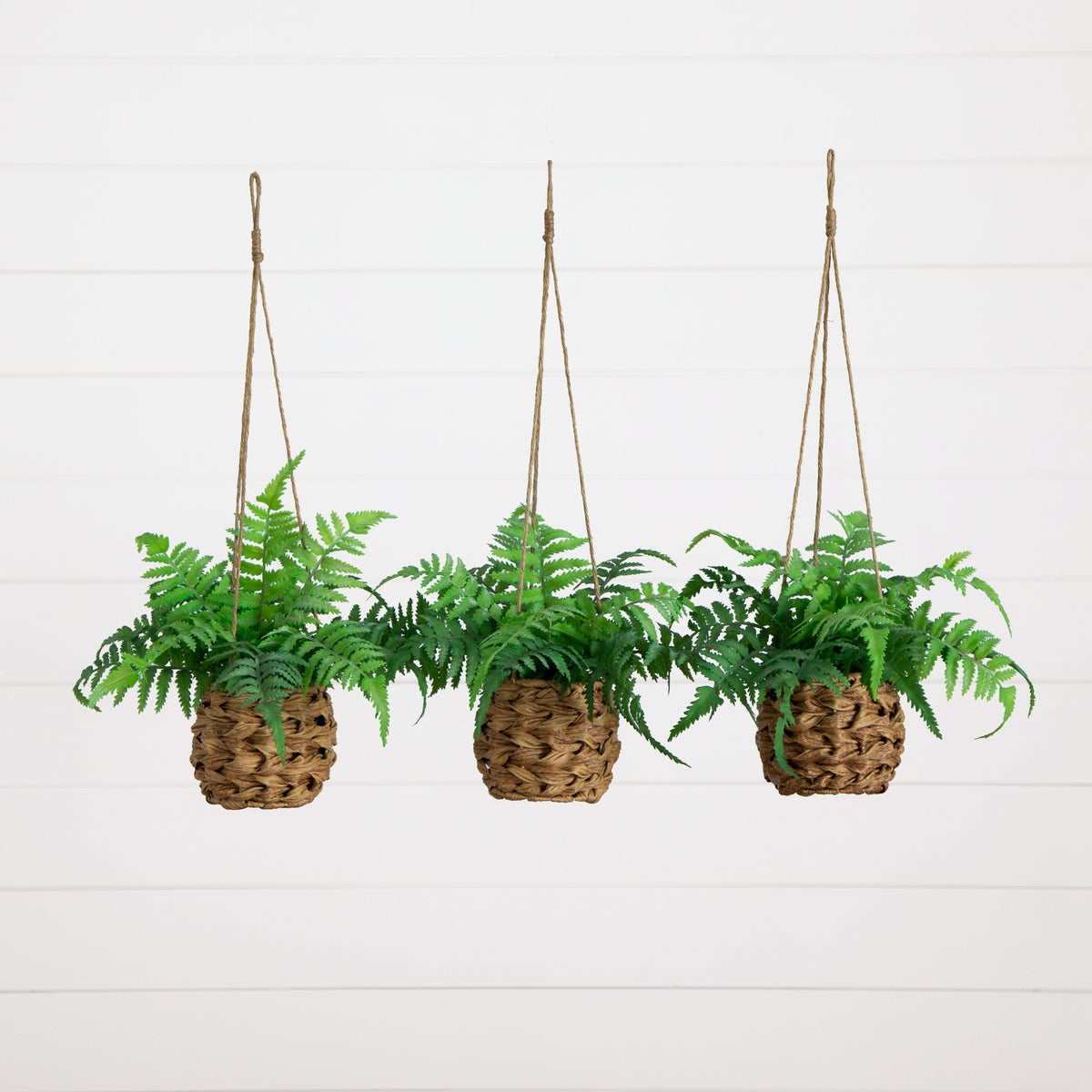 fake hanging plant macrame 10” UV Resistant Artificial Boston Fern in Hanging Wicker Basket (Indo – Tuesday Morning