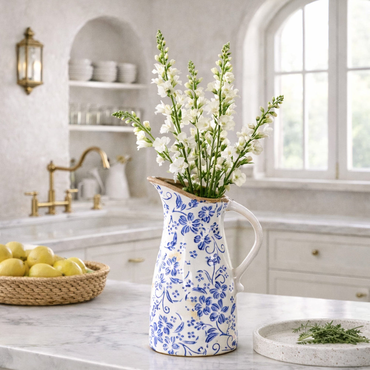 10.5” Floral Tuscan Ceramic Blue Scroll Pitcher Vase