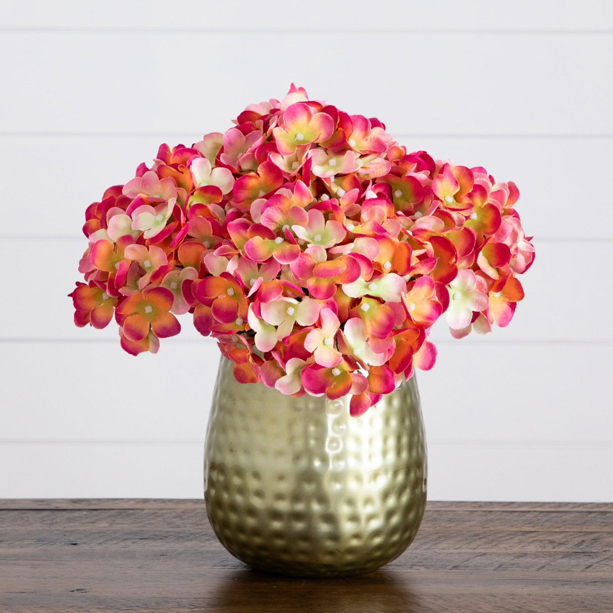 11” Artificial Hydrangea Arrangement in Gold Metal Vase