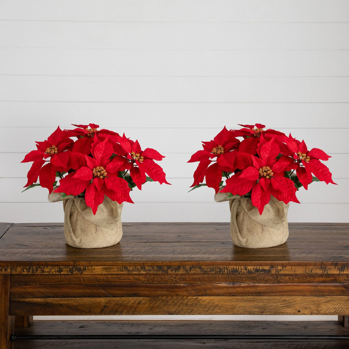 13" Artificial Poinsettia Arrangement in Burlap Planter - Set of 2