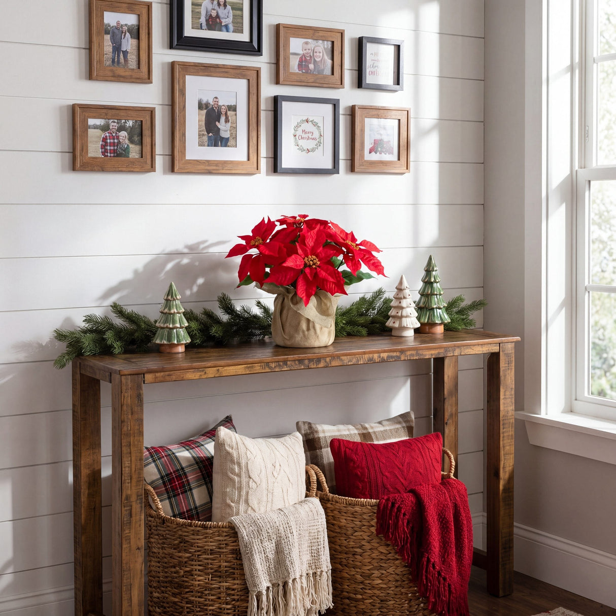 13" Artificial Poinsettia Arrangement in Burlap Planter - Set of 2
