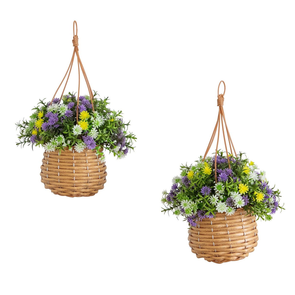 13” UV Resistant Artificial Dandelion and Rosemary in Woven Hanging Basket (Indoor/Outdoor) -Set of 2