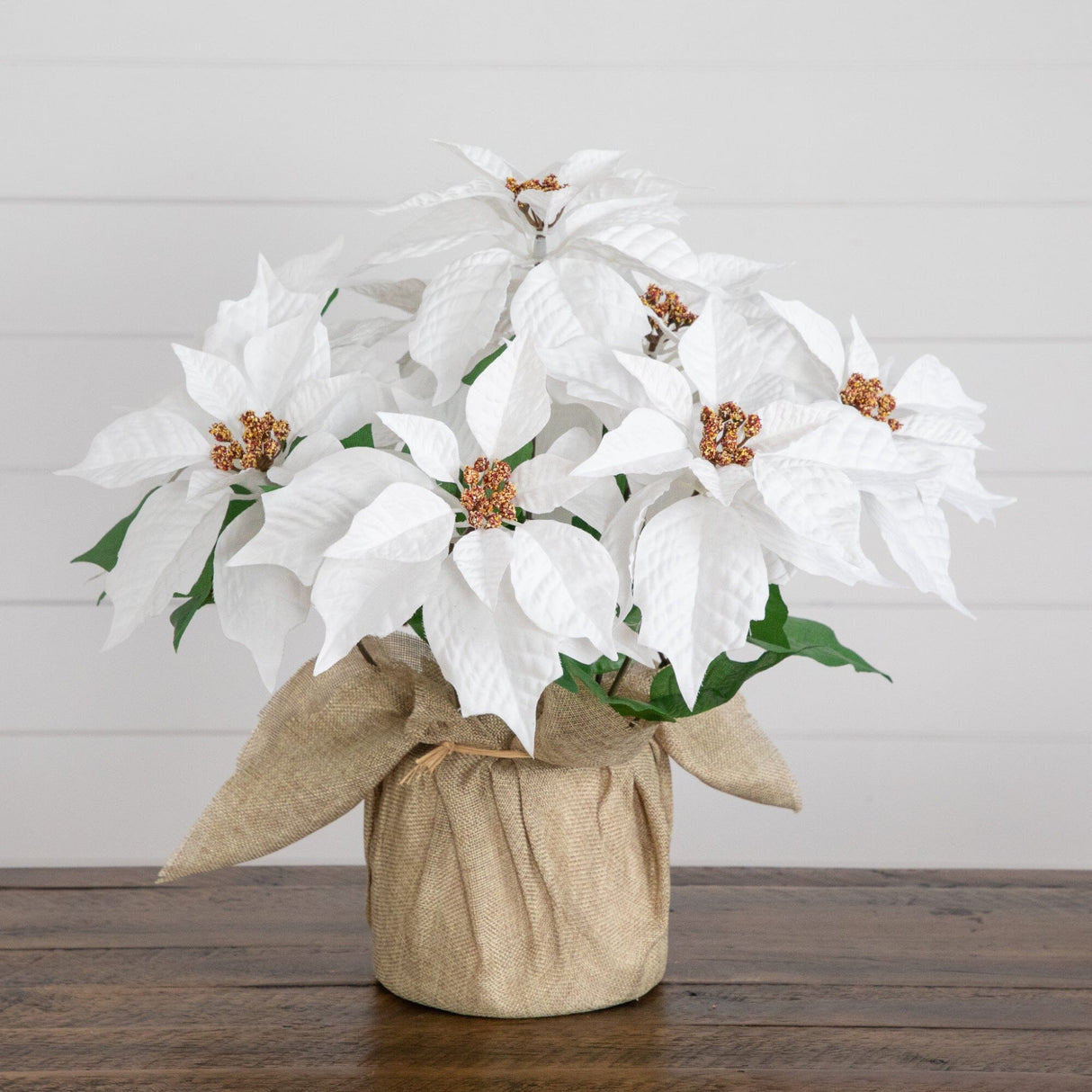 16" Artificial Poinsettia Arrangement in Burlap Planter