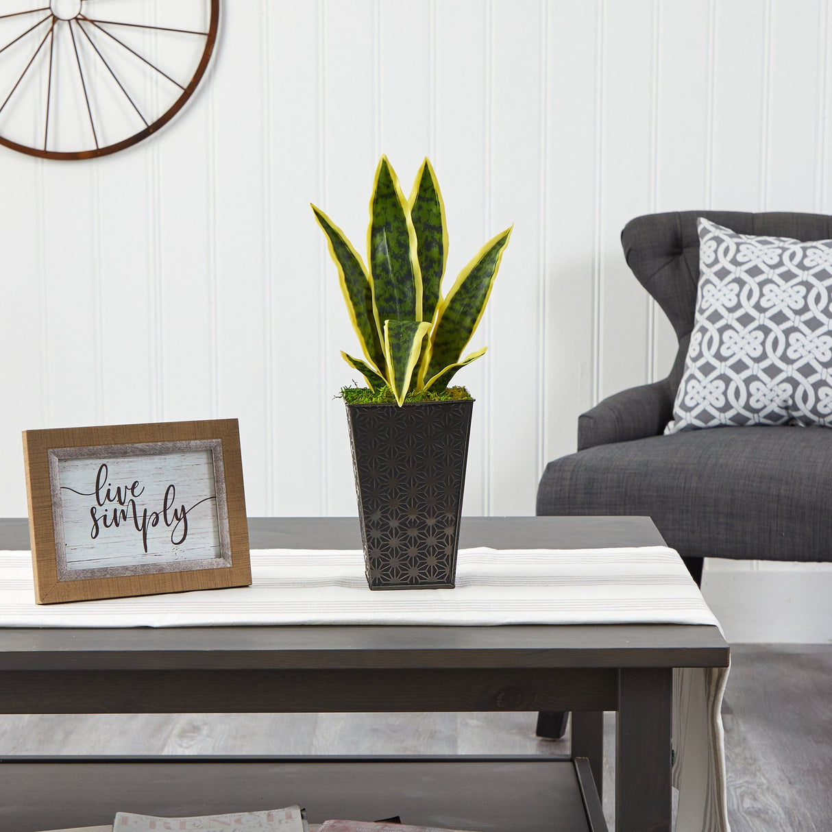 18” Sansevieria Artificial Plant in Embossed Black Planter